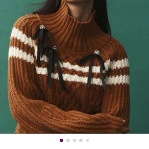 Maeve Brown and White Mock Neck Sweater Balloon Sleeves Rhinstones